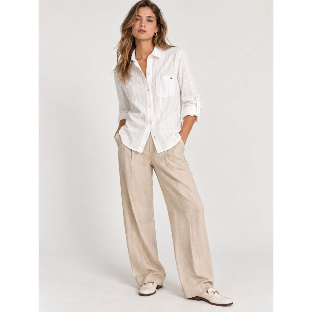 Tommy Hilfiger Women’s M White Textured Stripe Button Down Shirt 100% Cotton